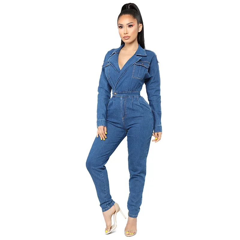 

2020 Fashion Women's Jumpsuits Stretch Casual Denim Skinny High Waist Jeans Long Sleeve Playsuit Sexy Pants Womens Clothing