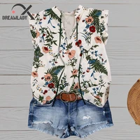 floral ruffled v neck tank white floral printed blouses sleeveless casual women tops