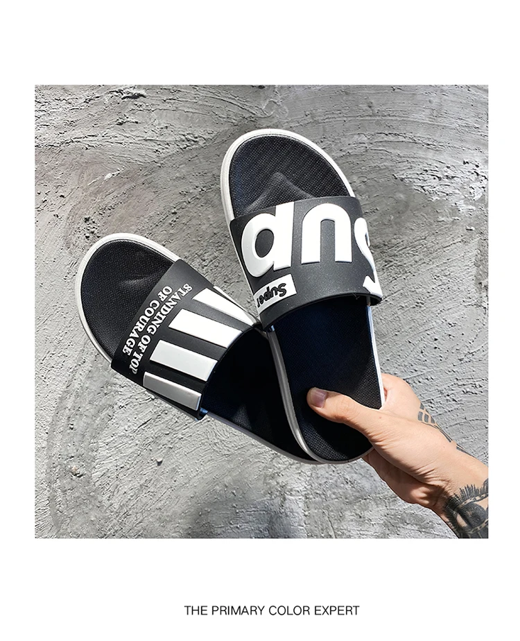 

Men's Alphabetic Slippers EVA Men's Shoes Women's Double Flip-Flops Soft Black and White Stripe Casual Couple Summer Men