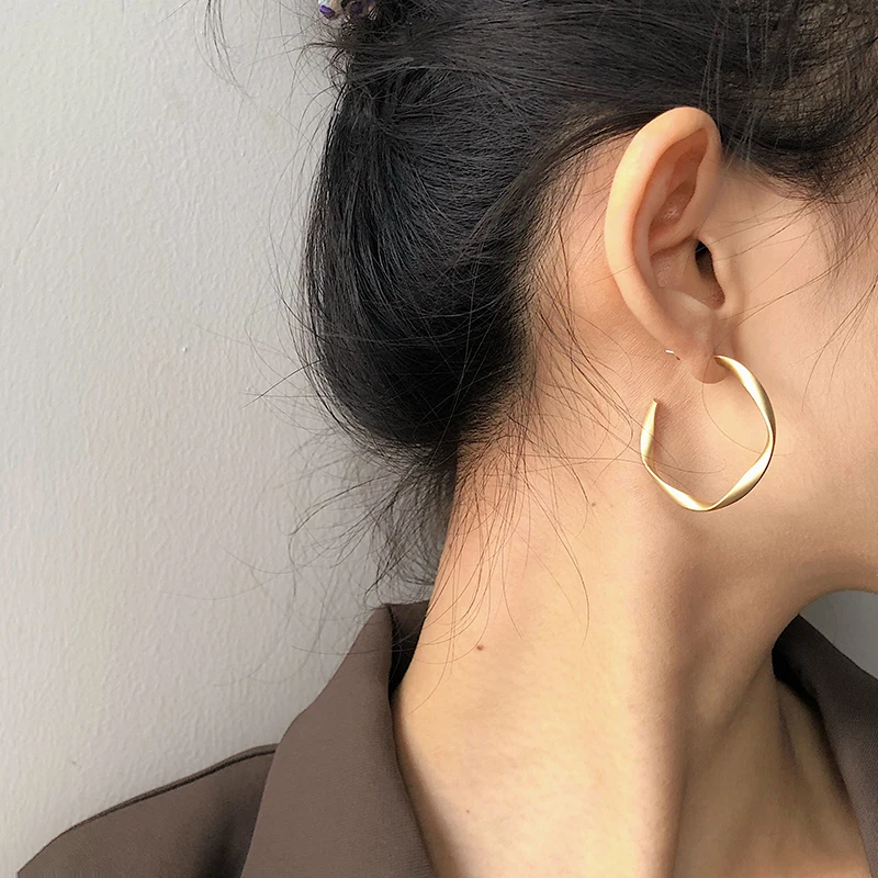 Simple Geometric Irregular Matte Gold Color 925 Sterling Silver Hoop Earrings For Women Chunky Round Vintage Jewelry Wholesale | Украшения