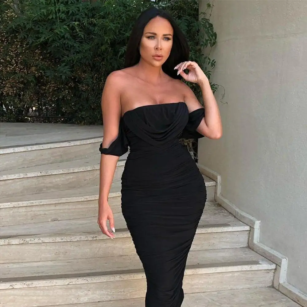 2020 Fashion Club Dresses Sexy Off Shoulder Ruched Bodycon Midi Dress Double Layered Mesh Draped Party Night Outfits Women | Женская