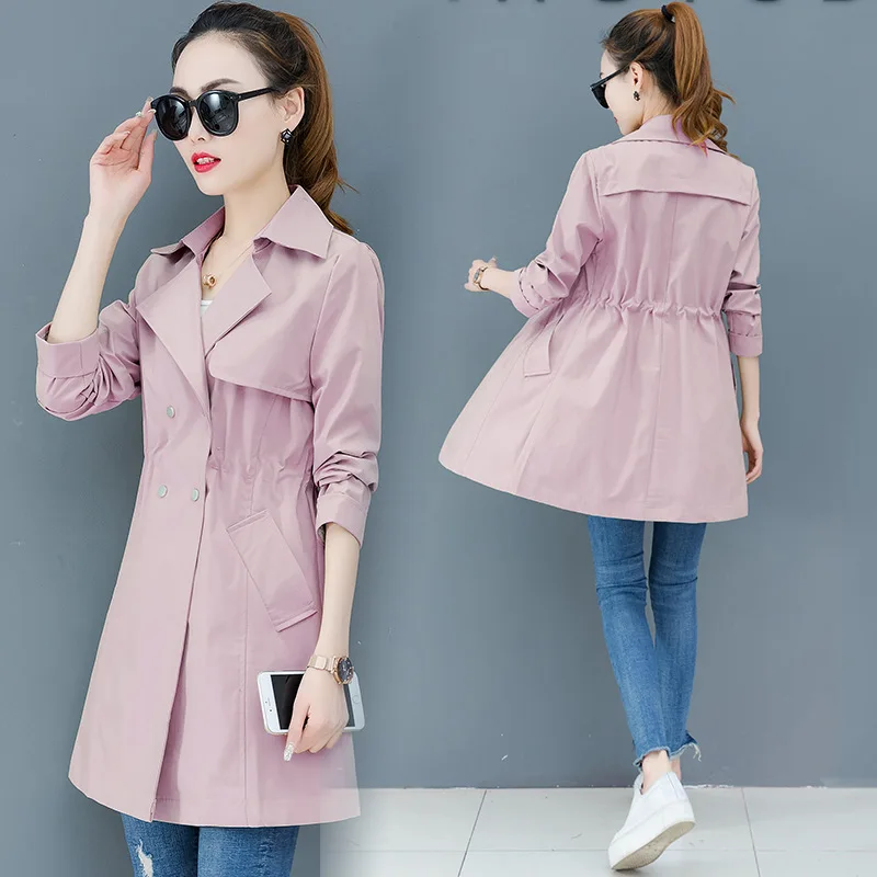 Осень 2019 новая мода женский двубортный плащ хаки средней длины пальто Тонкая