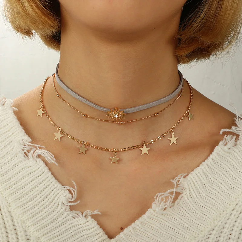

European and American Necklace Fashion retro sun five pointed star multi-layer pendant necklace for women