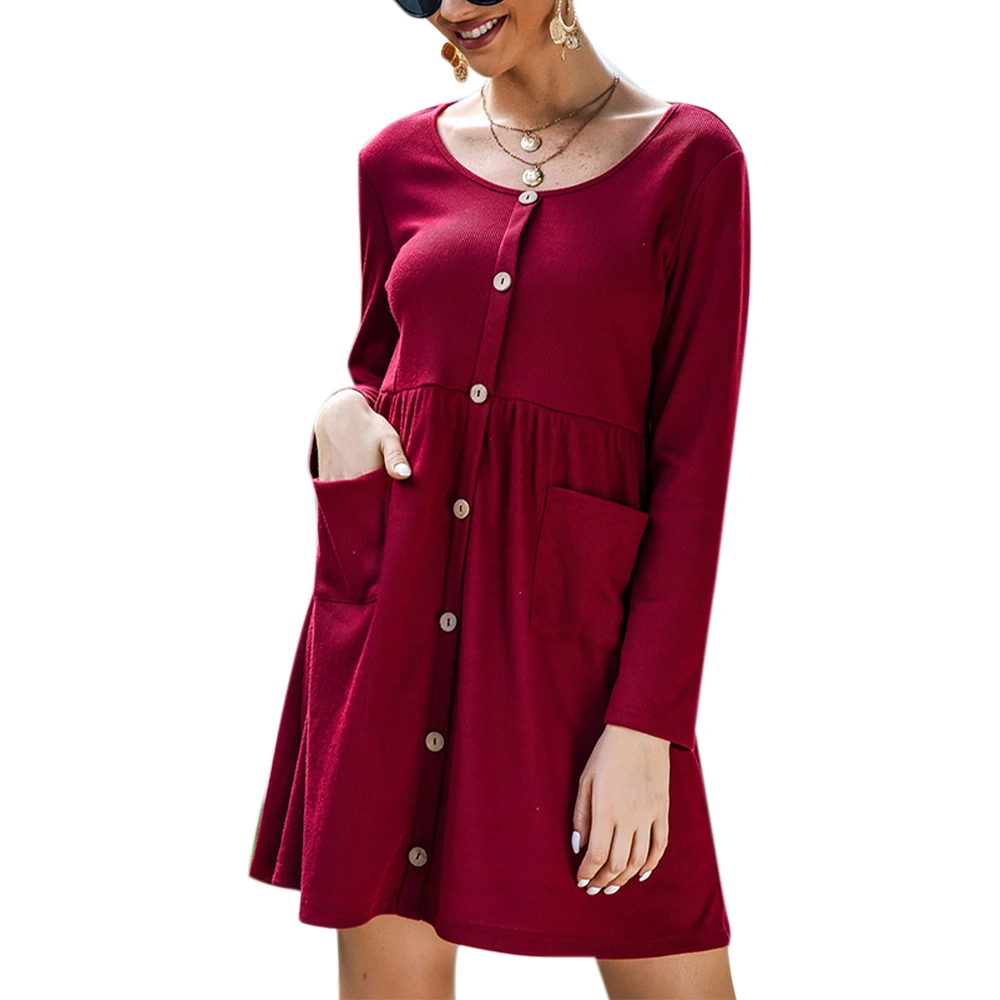 

VICABO Single Breasted Women Dresses Round Neck Long Sleeve Pockets Casual Dress Above Knee Length Loose Elegant Lady Vestido