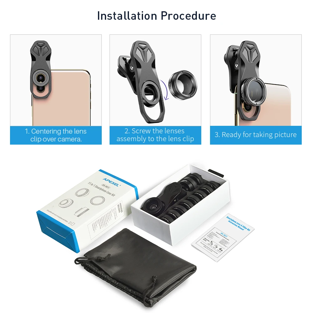 

APEXEL 11in1 Phone Camera Lens Kit Fisheye Wide Angle Full/grad Filter CPL ND Macro Mobile Lenses For iPhone Samsung Redmi phone