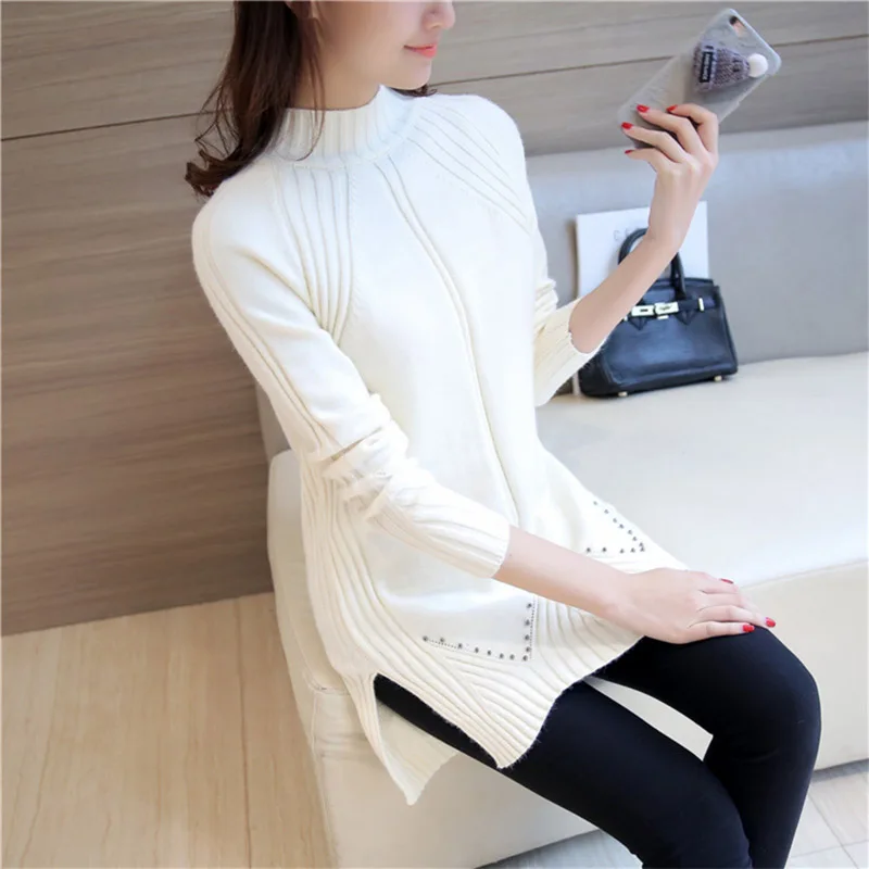 

Mid-Length Pullover Knit Sweater Korean Slim2021Women Autumn Winter Bottoming Sweater Long sleeve Elasticity Warm Sweater Female