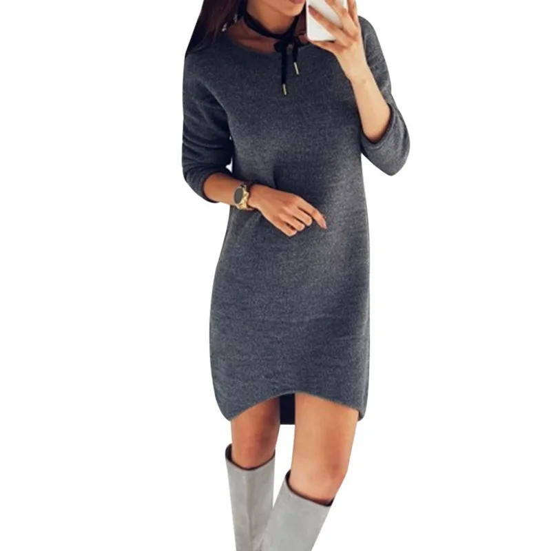 Женское повседневное свободное облегающее прямое мини платье однотонное свитер