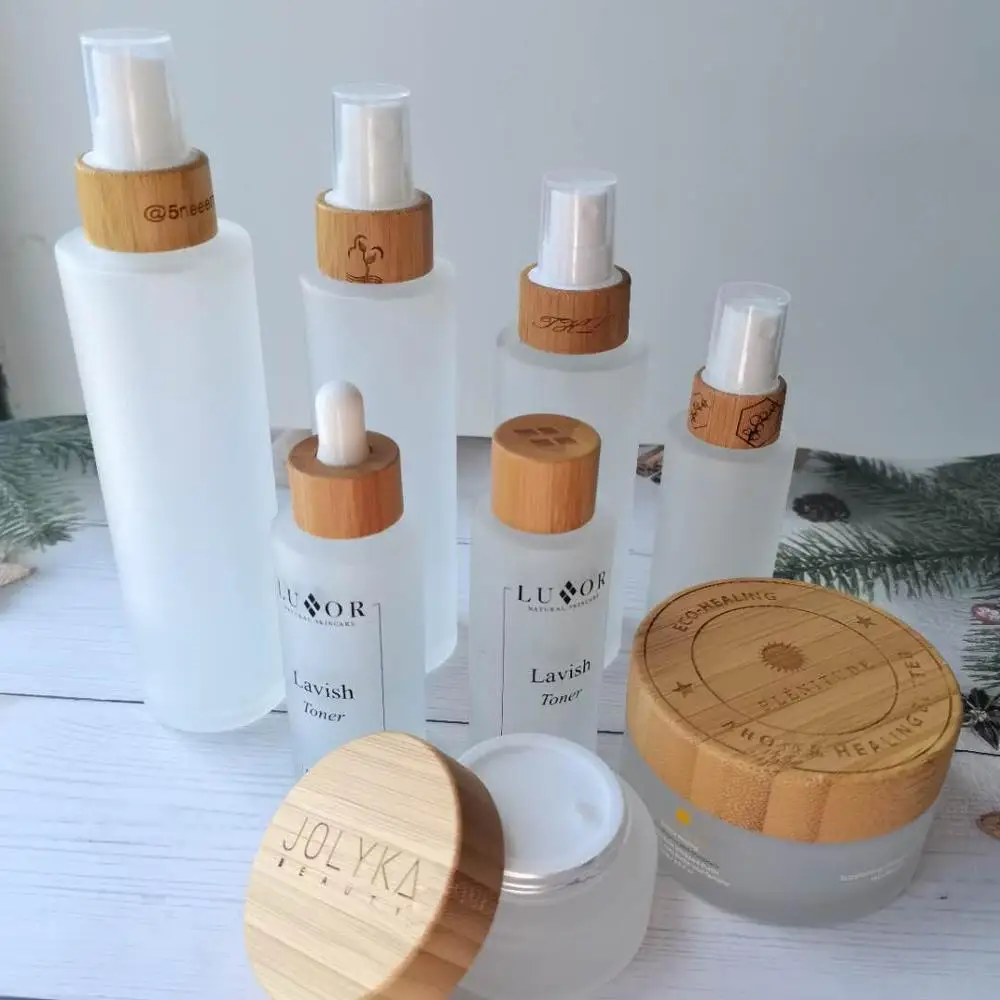 

Empty Cosmetic Toner Bottles ECO-Friendly Glass Bottle Bamboo Lid cosmetic container jars for cosmetics