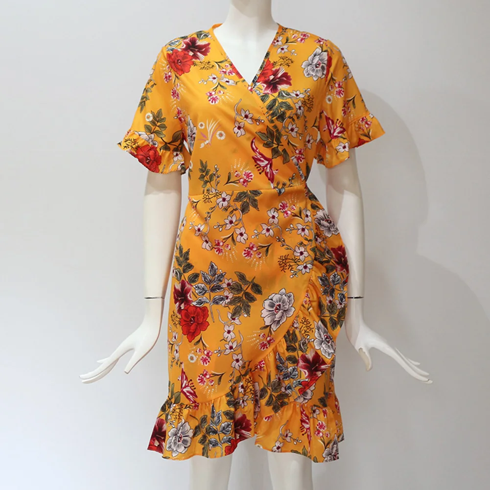 

Women Floral Print Lace Up Ruffle Short Sleeve V Neck Summer Mini Dress woman dress vestido de mujer