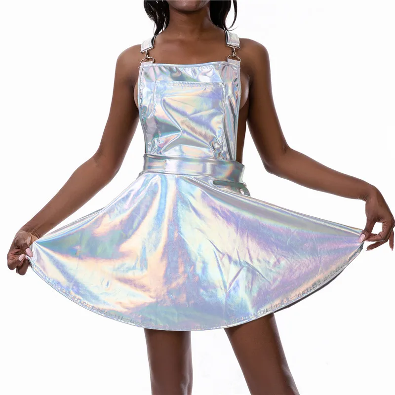Glitter Laser Holographische A-Line Kleid Frauen Backless Criss Cross Schnalle Wet Look 2022 Herbst Mode Sexy Mini Kleider