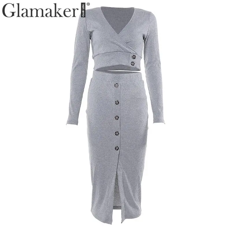 Glamaker вязаный костюм из двух частей сексуальное платье зимнее женское с v-образным вырезом элегантное платье миди осенние вечерние Клубные платья с длинным рукавом облегающее платье