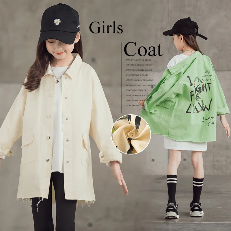 

4-14 Y Girls Jackets 2021 Spring Fashion Printing Kids Trench Coat Girl Clothes Mid-length Childrens Denim Jacket Teen Outerwear