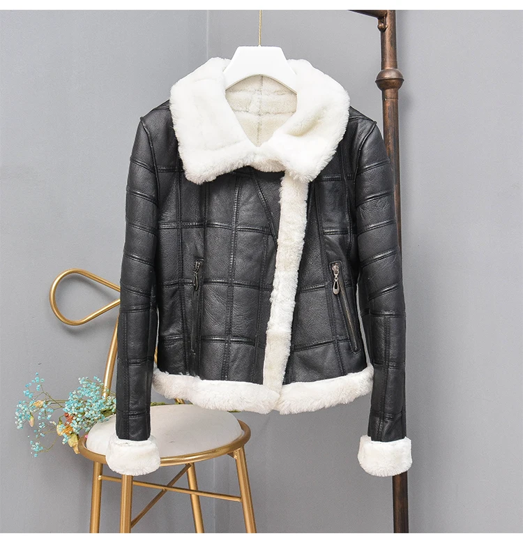1 Abrigo mujer natural real sheep fur coat women clothes moto& Biker genuine leather jacket Double-faced Fur sheepskin coat - Color: 1