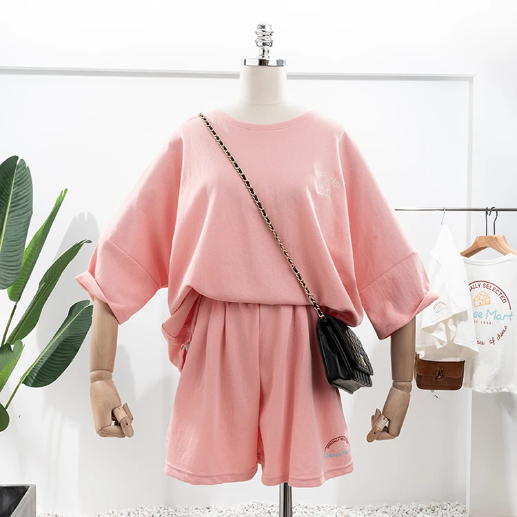 

Summer 2 Piece Sweat Shorts Set Women 2021 Fashion Loose Short Sleeve Crop Tee And High Waist Jogger Pant Suits