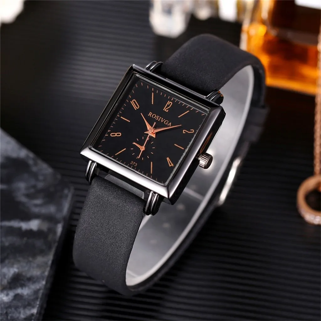 Модные квадратные женские часы повседневные с кожаным ремнем простой черный