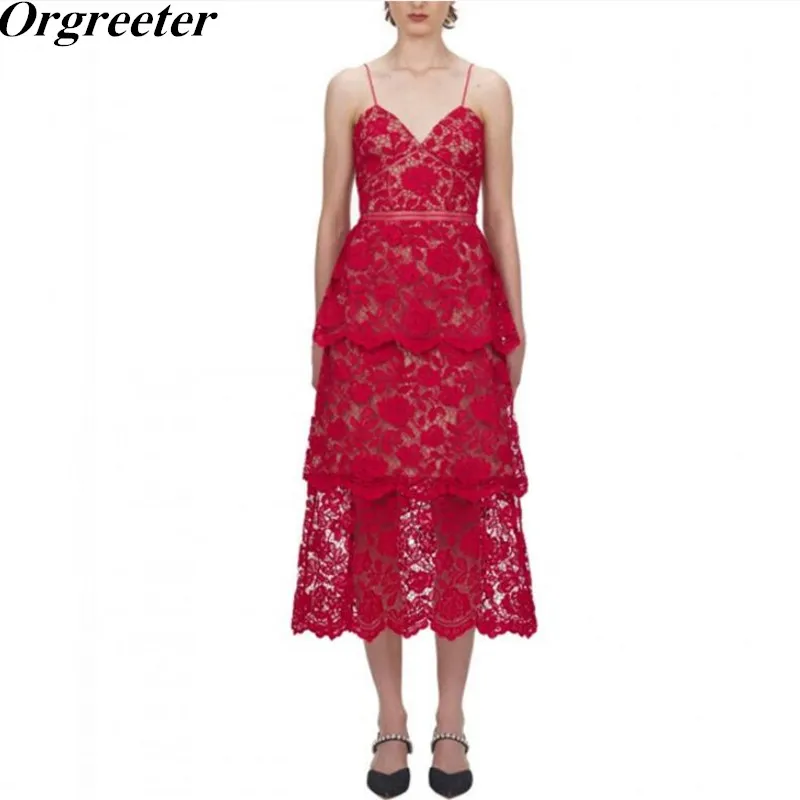 Self portrait Newest Lace Dresses Women's Sexy Spaghetti Strap Mid-Calf Dress Crochet V Neck Backless Party Vestidos | Женская