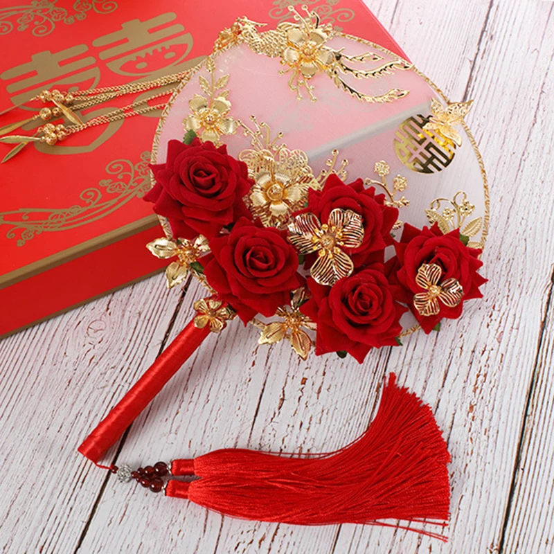 

Bride Wedding Hand-held Bouquet, Round Fan, Antique And Elegant Furnishings, Props, Handicrafts, Ornaments, Dance Hand-fans