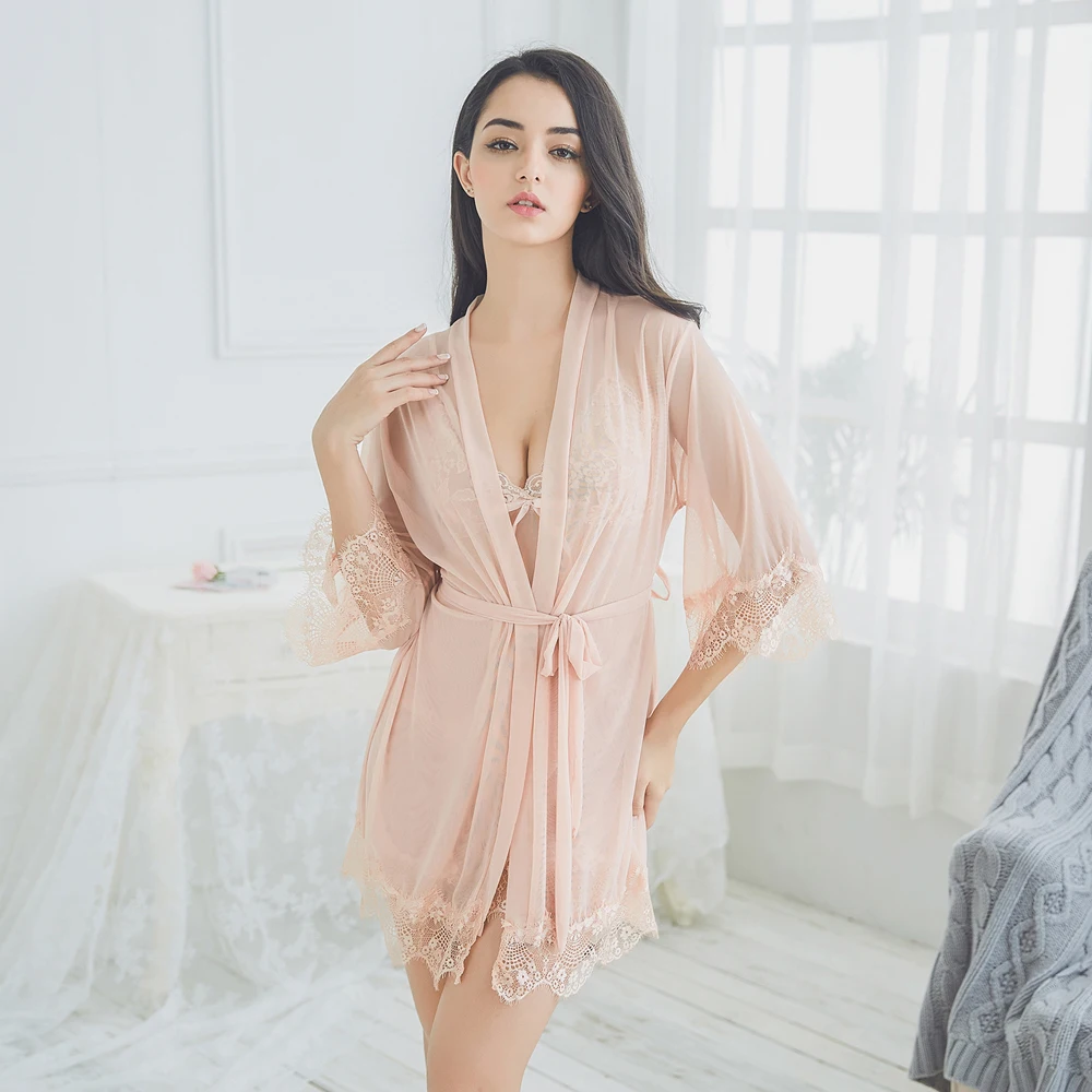 

Sexy Lace Women Sleepwear Gray Bandage Night Dress Robe Lingerie 3 Piece Night Set Sexy Perspective Lounge Set Bathrobe Pajamas