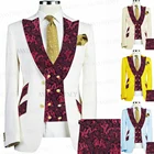 Мужской облегающий костюм из трех предметов, белый пиджак с золотыми пуговицами и цветочным принтом для жениха, для свадьбы, выпускного вечера, брюки, смокинг, 2021
