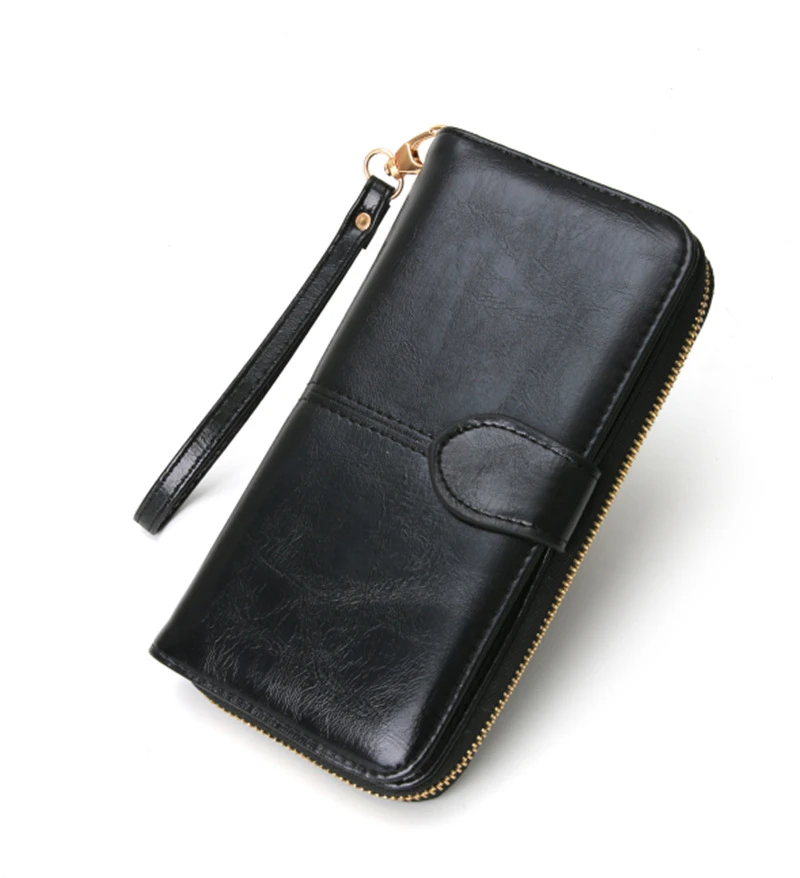 

2021 New Women Oil Wax Leather Wallet Female Purses Big Capacity Hasp Zipper Purse Ladies Long Wristlet Clutch Coin Card Holders