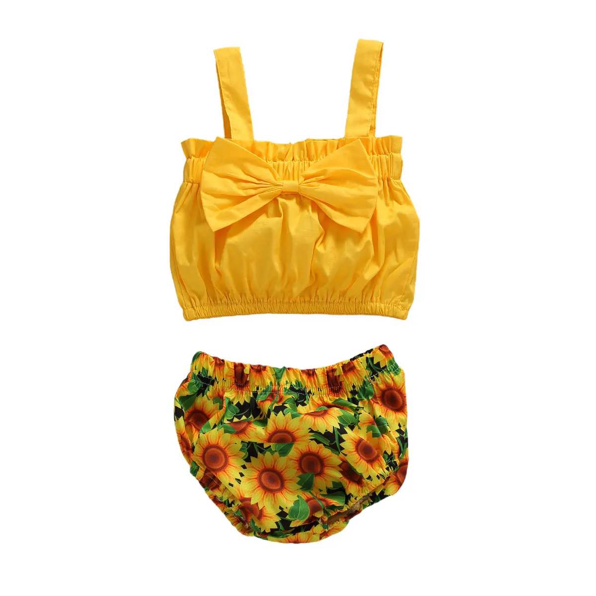

Newborn Baby Girls 2-piece Outfit Set Sleeveless Bowknot Decoration Top and Sunflower Print Shorts Set