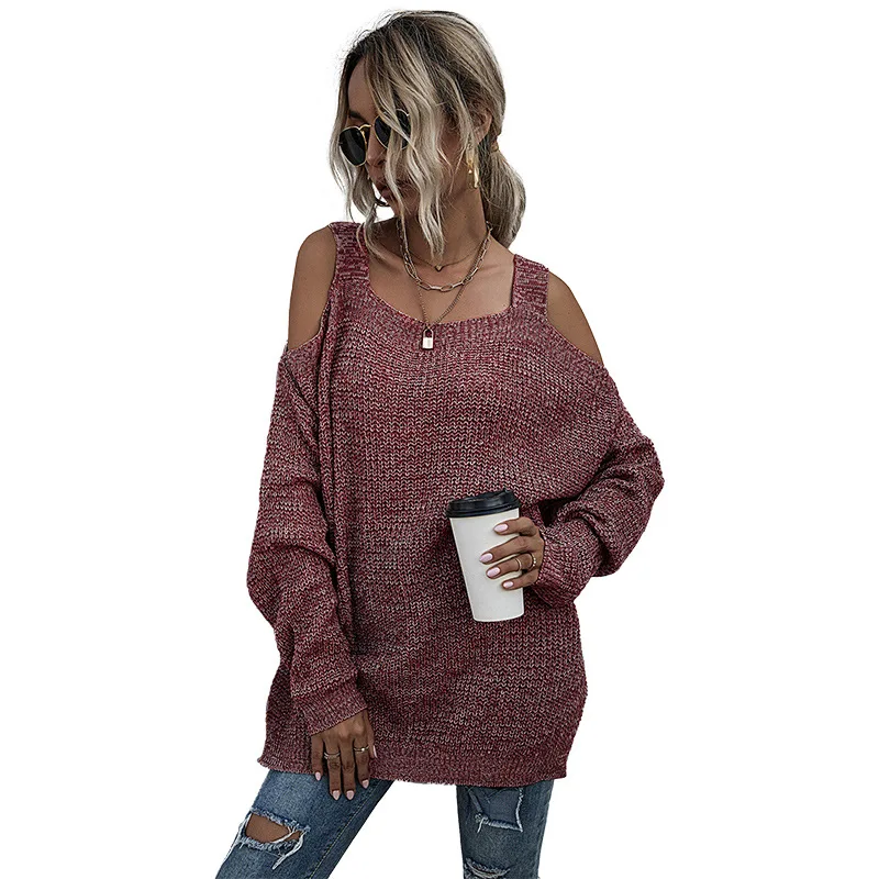 

Solid color knitted square neck loose off shoulder cardigan women's long sleeve autumn winter
