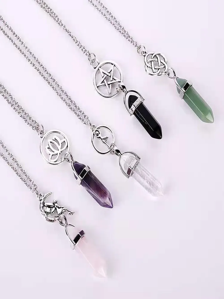 

Natural stone Pendant necklace Star lotus fairy Lapis Opal Pink Purple Crystal Hexagonal Column Buckle Fashion Charms Jewelry