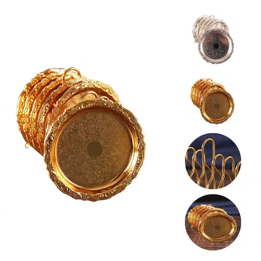 

1 Set Great Table Pad Shiny Surface Metal Table Placemat Exquisite Cup Mat Cake Tray with Storage Rack Set