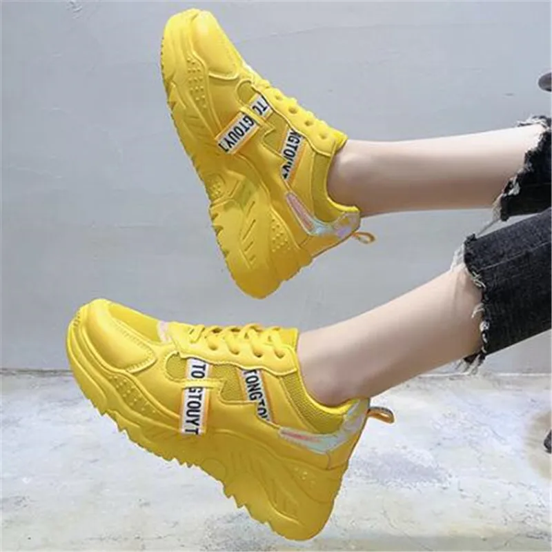 

2020 Women Platform Sneakers Fashion Mesh Woman Vulcanized Shoes Tenis Female Thick Sole Yellow White Casual Shoes Size 35-41