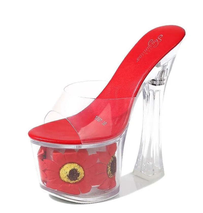 

Women Model PumpThick Super High heels17cm Sunflower Waterproof Fishmouth Sandals Transparent Crystal Shoe Wedding platform heel