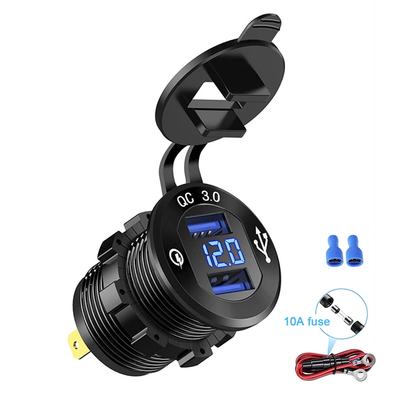 quick charge 3 0 dual usb car charger fast charge socket aluminium power outlet with led voltmeter for 12v 24v car boat marine free global shipping