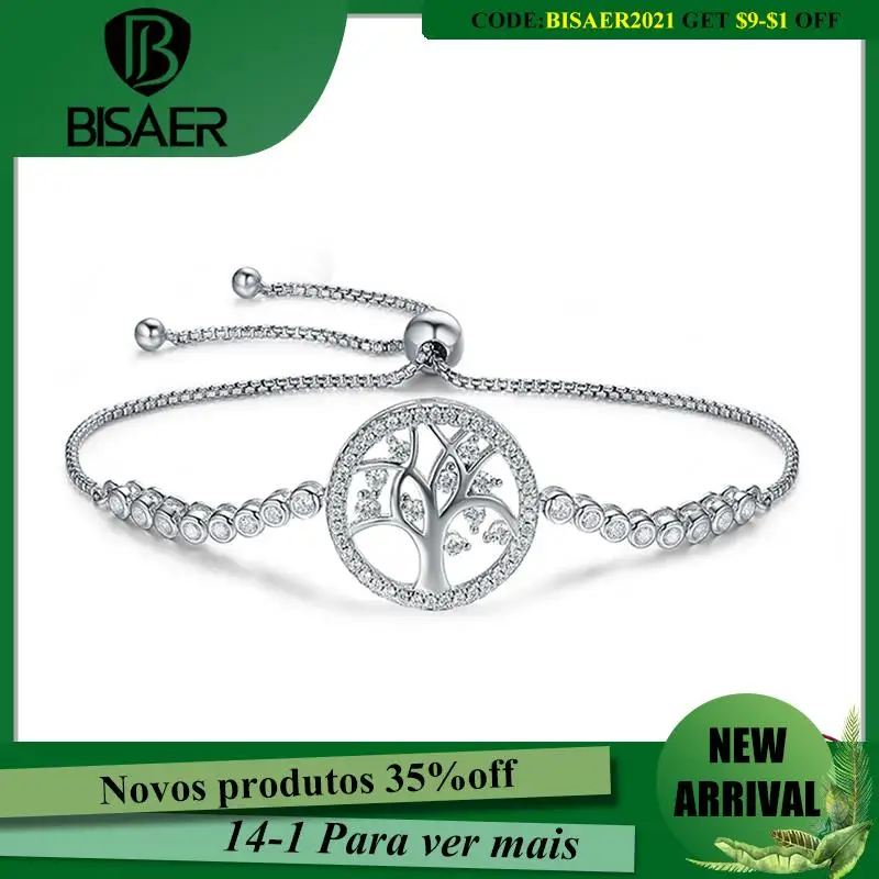 

BISAER Bracelets Genuine 100% 925 Sterling Silver The Tree Of Life Bright CZ Original Bracelet For Women Silver Jewelry Gift