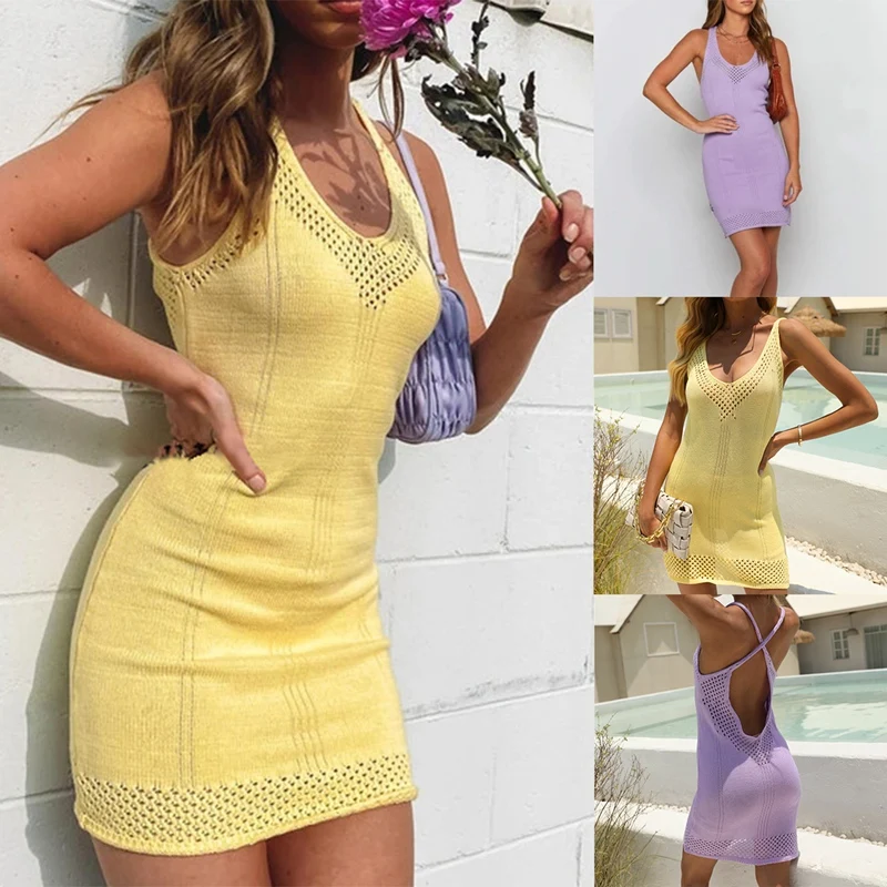 

Лидер продаж, Женская Вязаная пляжная юбка с лямкой на шее, праздничная блузка для побережья