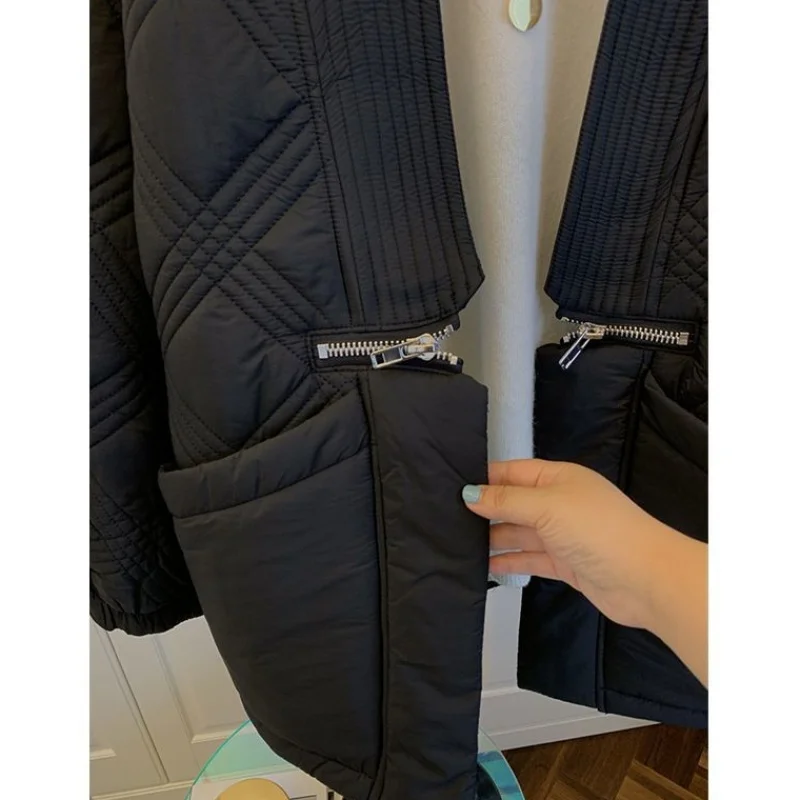 

2020 new autumn / winter diamond lattice cotton padded clothes Korean version loose zipper pocket light cotton clothes S-3XL