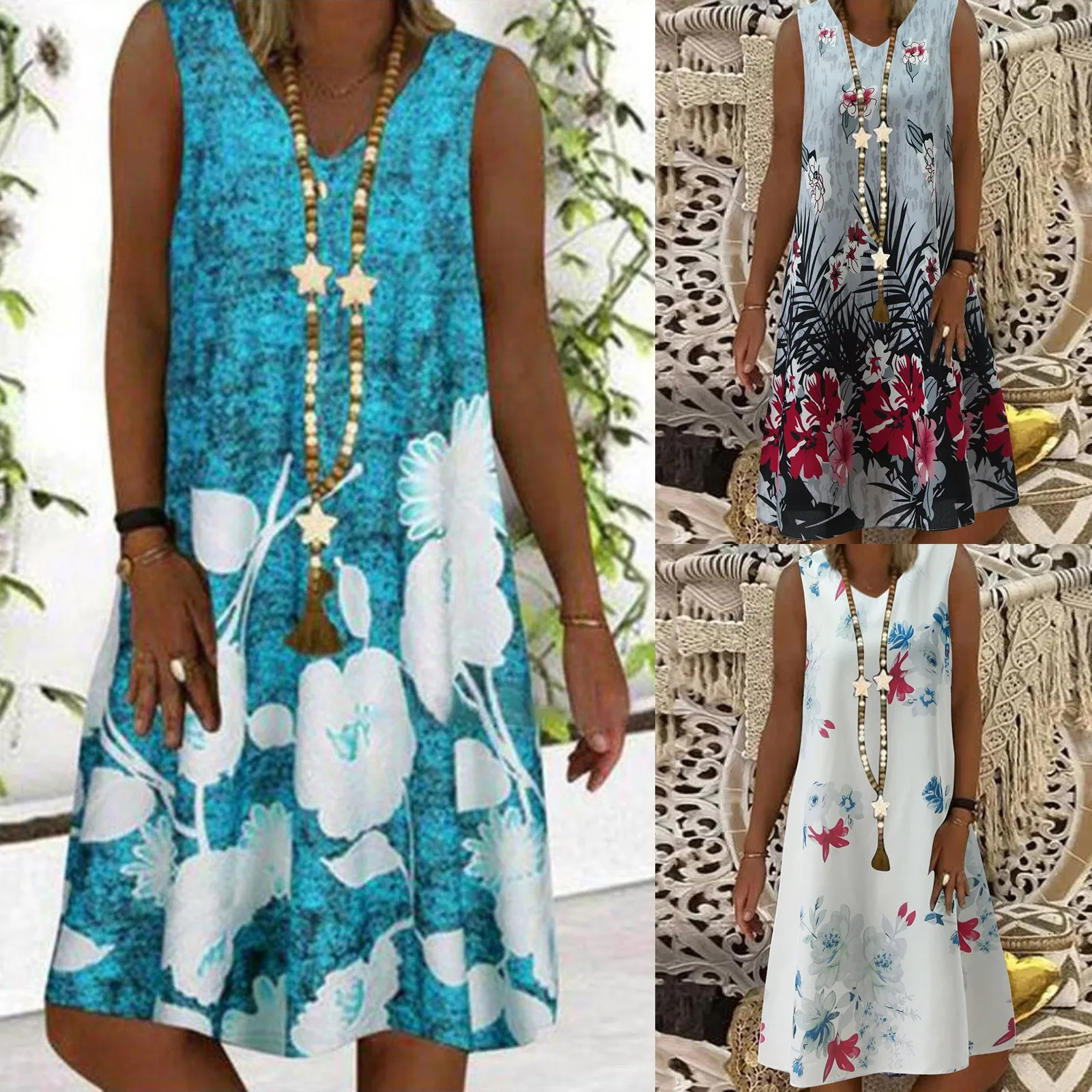 

Women's Summer Casual Sleeveless V Neck Floral Print A-line Dress Maxi Dress Plus Size Sundress платье летнее женское2021