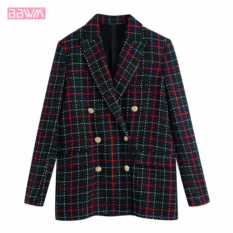 

New Retro Long Sleeve Double Breasted Lapels Women's Jacket Coat Mid-length Casual Plaid Chic Female Tops