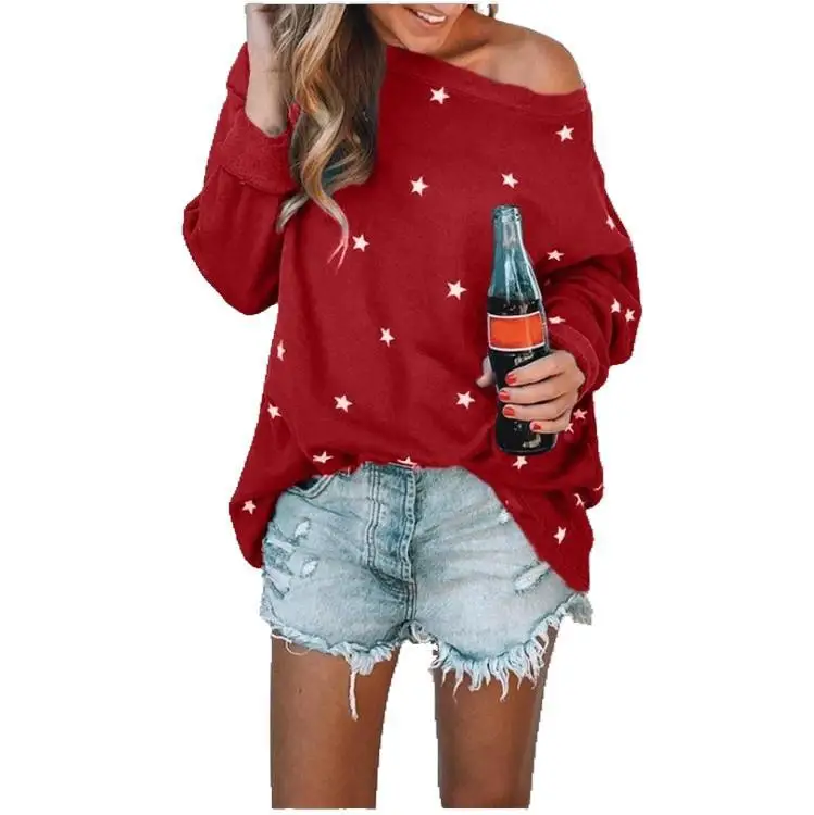 Осень женская футболка с длинным рукавом звезда открытыми плечами Хлопок
