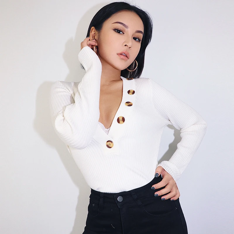 2019 new fashion casual women's clothing Sweater Top Autumn V-neck Long Sleeve Tight-fitting Turtleneck Buttons Solid Color Knit | Женская