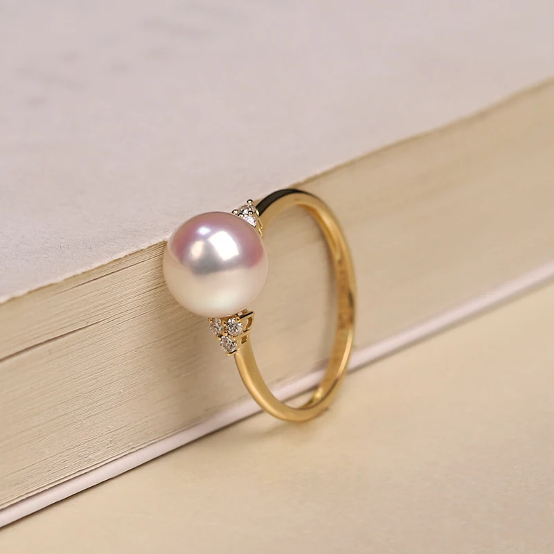 18K import Solid Yellow Gold Jewelry(AU750) Women  Single Grain Akoya Peas Weaving Diamond  ring  Natural Seawater Pearl  Lady