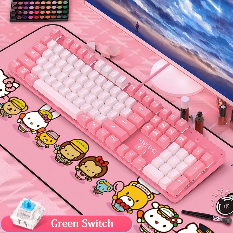 Girl Women Mechanical Keyboard with Green Axis Professional E-Sport Keyboard 104 Keycap White Backlit Gaming Free Mouse Pad