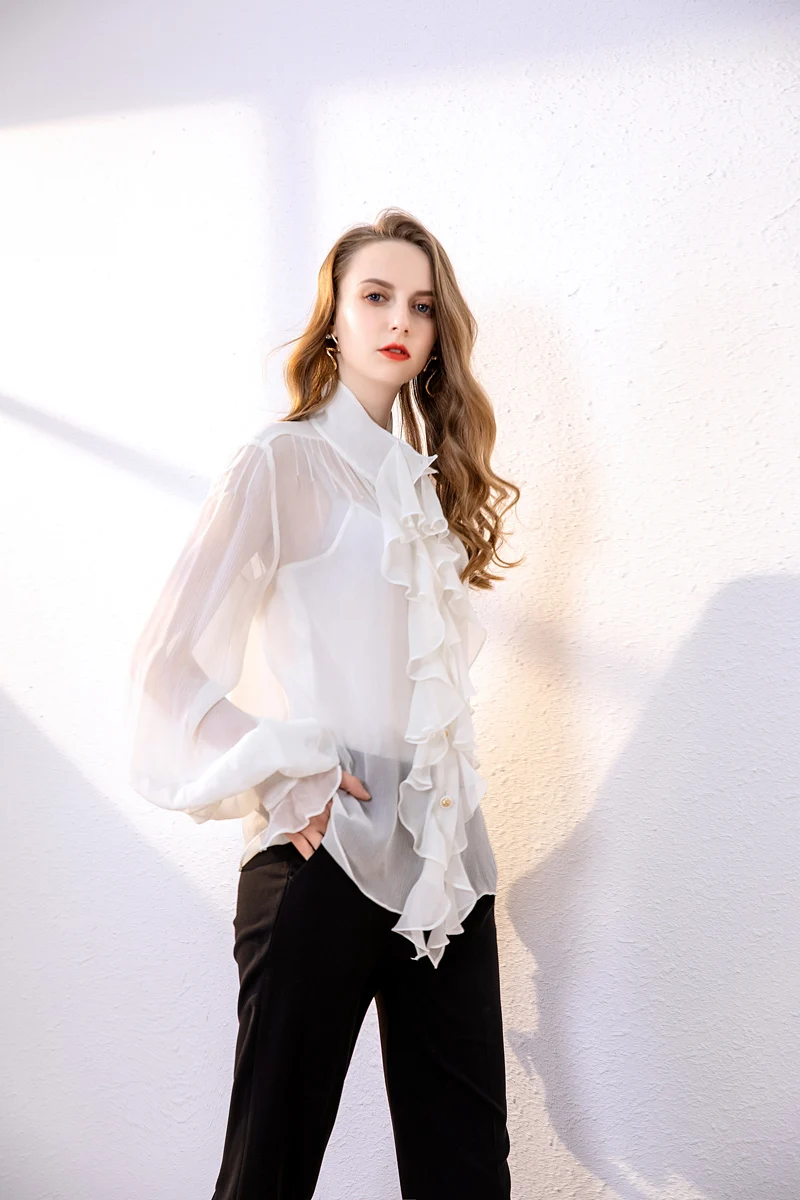 Женская модельная рубашка из 100% чистого шелка элегантная с круглым вырезом