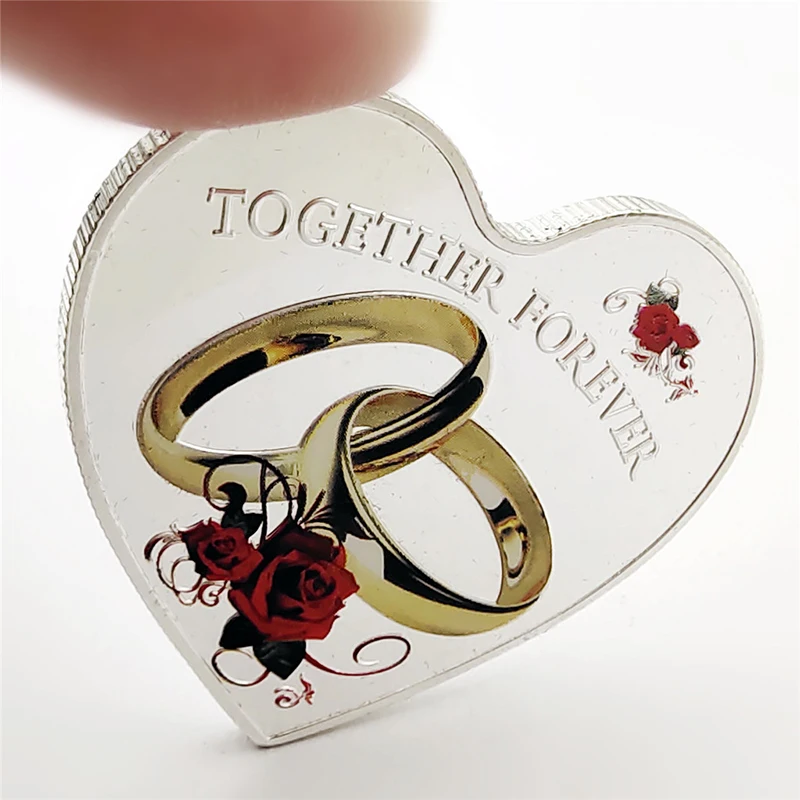 

New Valentine's Day Wedding Coins Silver and Gold Plated Coin Heart Shape Together Forever Roses for Love Gifts & Souvenirs