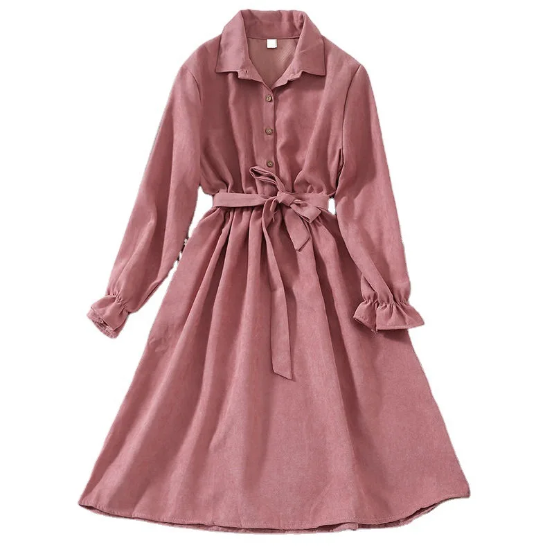 

Dress Women Solid Elegant All-match Trendy High Quality Ladies Bow Sweet Pink Korean Style Womens Lantern Sleeve A-Line Autumn