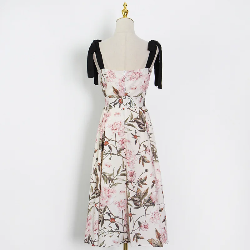 

2021 summer new style women's printed retro square neck sleeveless temperament high-waist lace-up dress