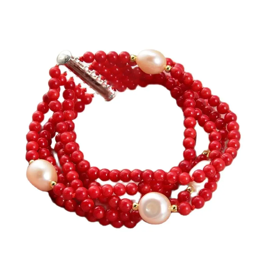 

GG Jewelry 8'' 6 Strands Pink Keshi Pearl Round Red Coral Bracelet