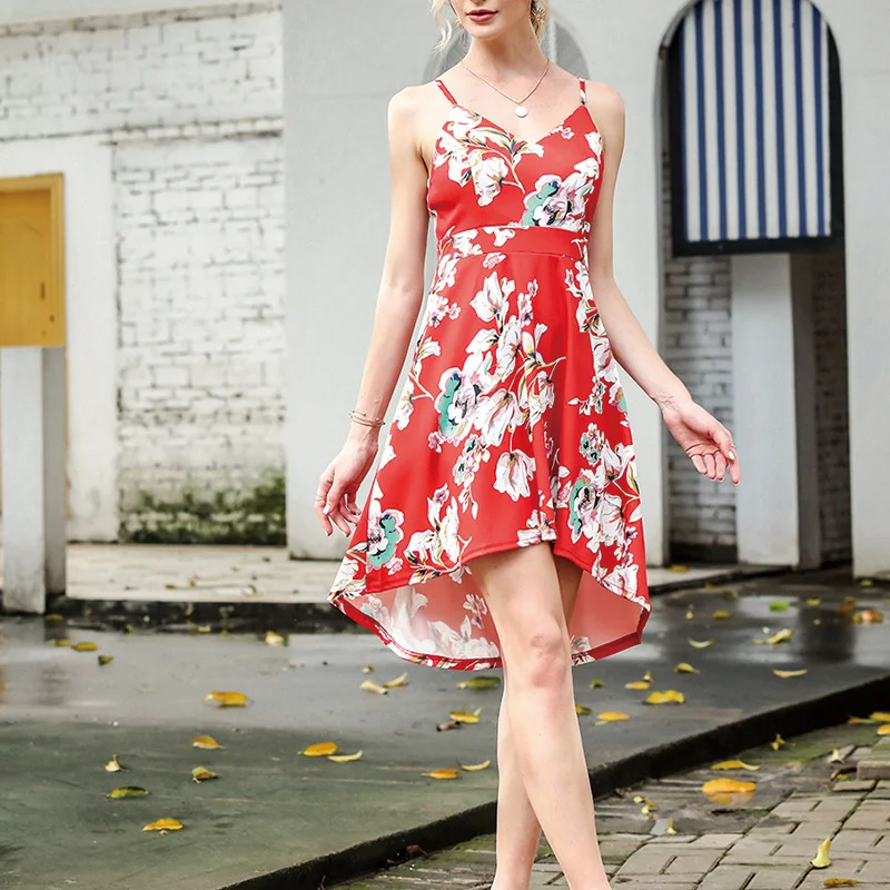 

Dresses For Women 2021 Summer Fashion Sexy V Neck Sleeveless Sling Dress Casual Fashion Print Asymmetrical Dress Women A236