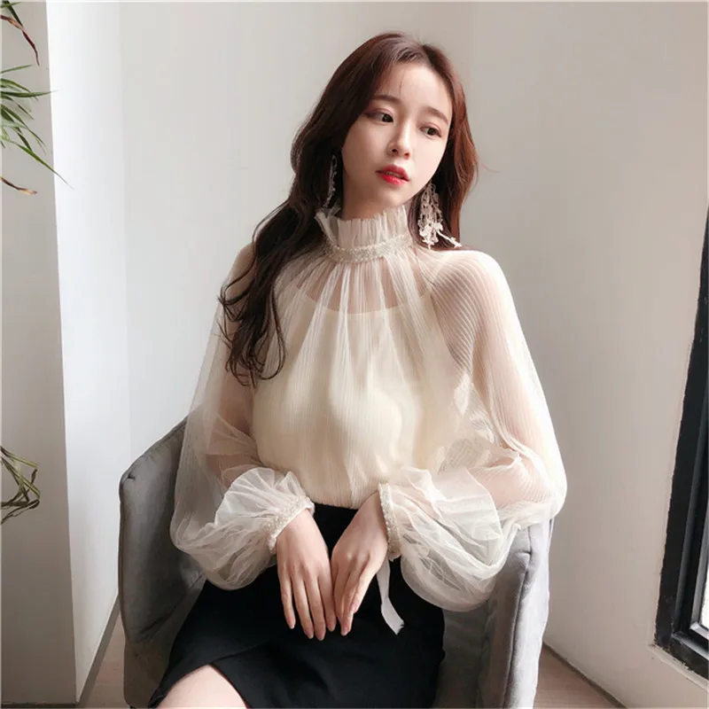 Женские прозрачные сетчатые рубашки Neploe Весенняя однотонная блузка из двух