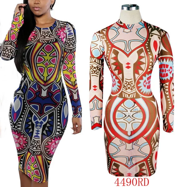 Женское облегающее платье с принтом в виде татуировок разных цветов|mesh bodycon