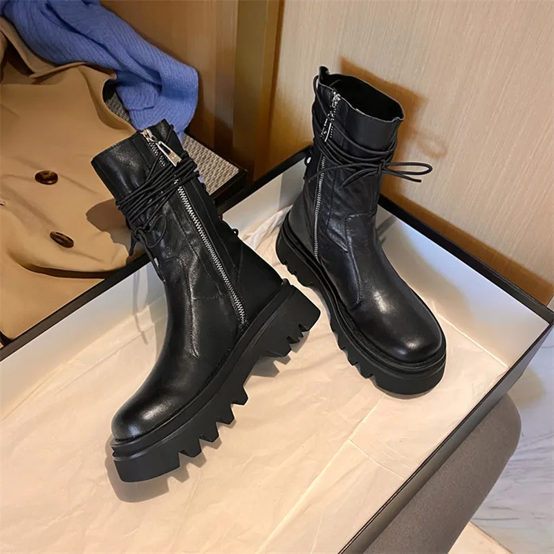 

ANNYMOLI Real Leather Platform High Heel Mid Calf Boots Women Shoes Cross Tied Zip Chunky Heels Motorcycle Boots Autumn Winter