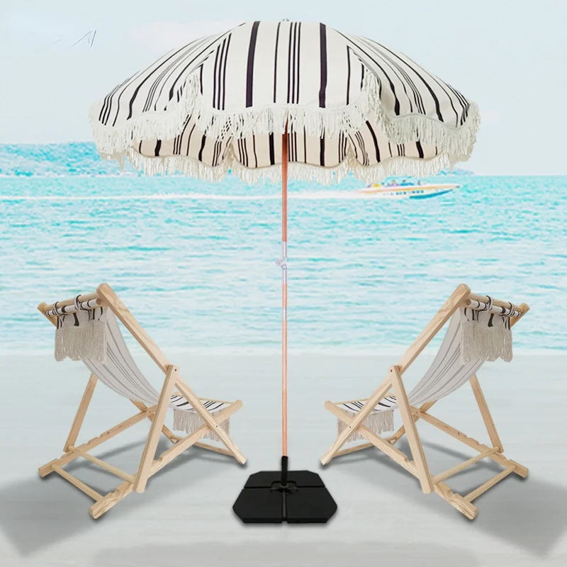 

Outdoor Foldable Beach Lounge Chair Pine Stripe Seaside Beach Chair with Fringe